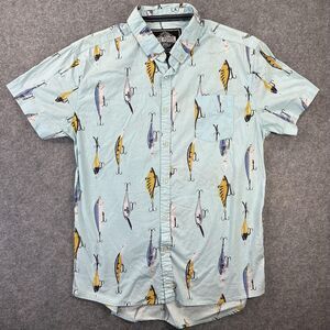 Five Points Shirt Mens Large Aqua Fishing Lure Print Short Sleeve Button Down